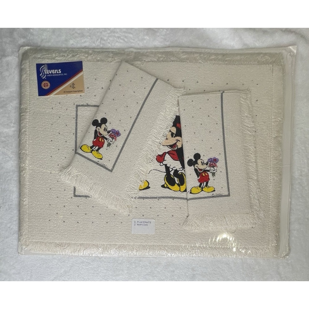 NEW Vintage Disney Mickey & Minnie Mouse Placemat & Napkin Set of 4 Cream Fringe